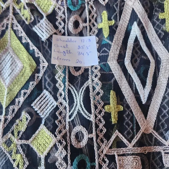 Catherine Top Women's Black Green 3/4 Sleeve Aztec Pattern Kimono Embroidered - Picture 4 of 11